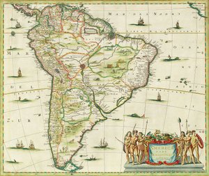 America Pars Meridionalis, strana 93 v "Atlas Minor Sive Geographia Compendiosa, qua Orbis Terrarum", který sestavil Nicolaes Visscher (1618-1709) 1655 (ručně kolorovaná rytina)
